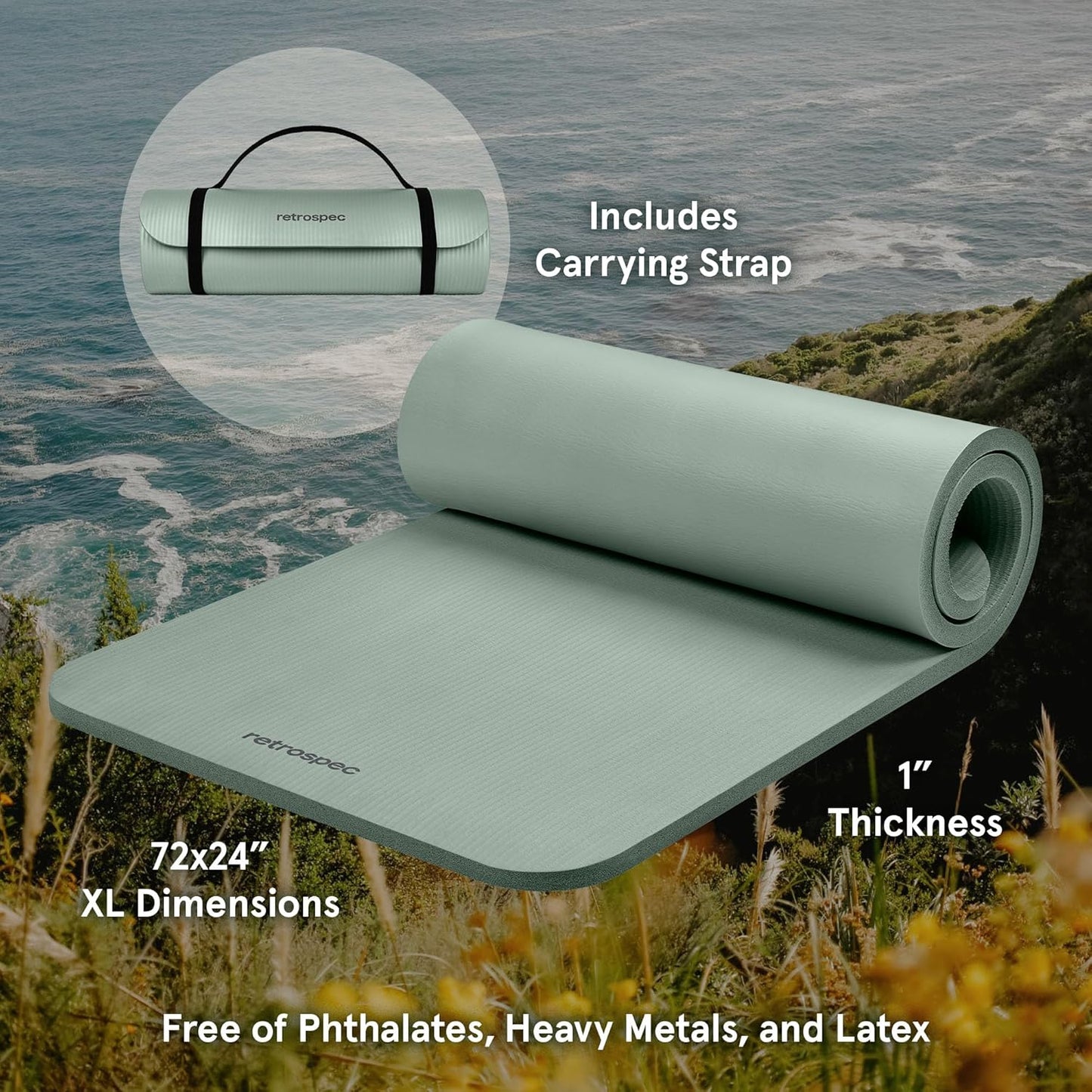 Retrospec Solana Yoga Mat 1" & 1/2" Thick w/Nylon Strap for Men & Women