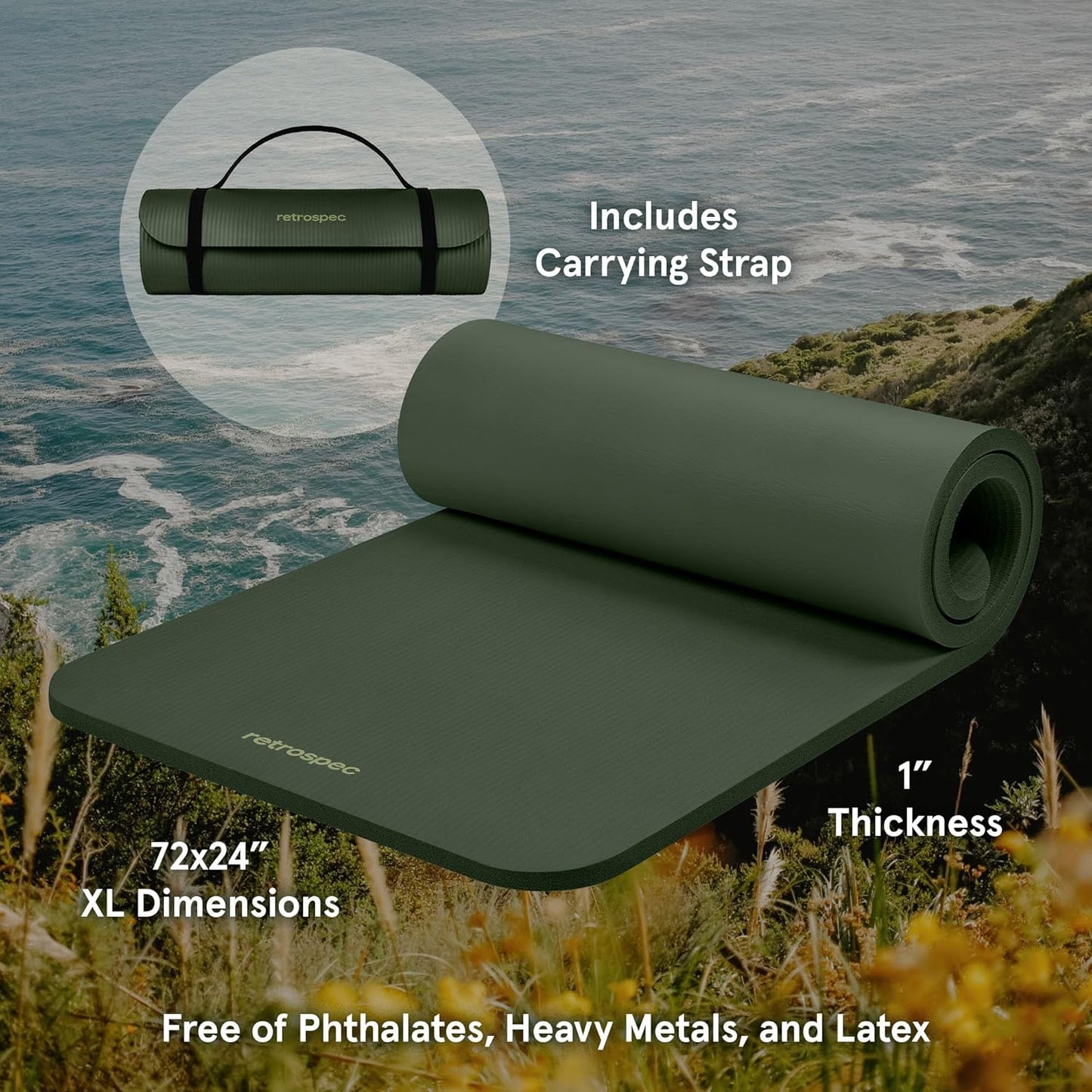 Retrospec Solana Yoga Mat 1" & 1/2" Thick w/Nylon Strap for Men & Women