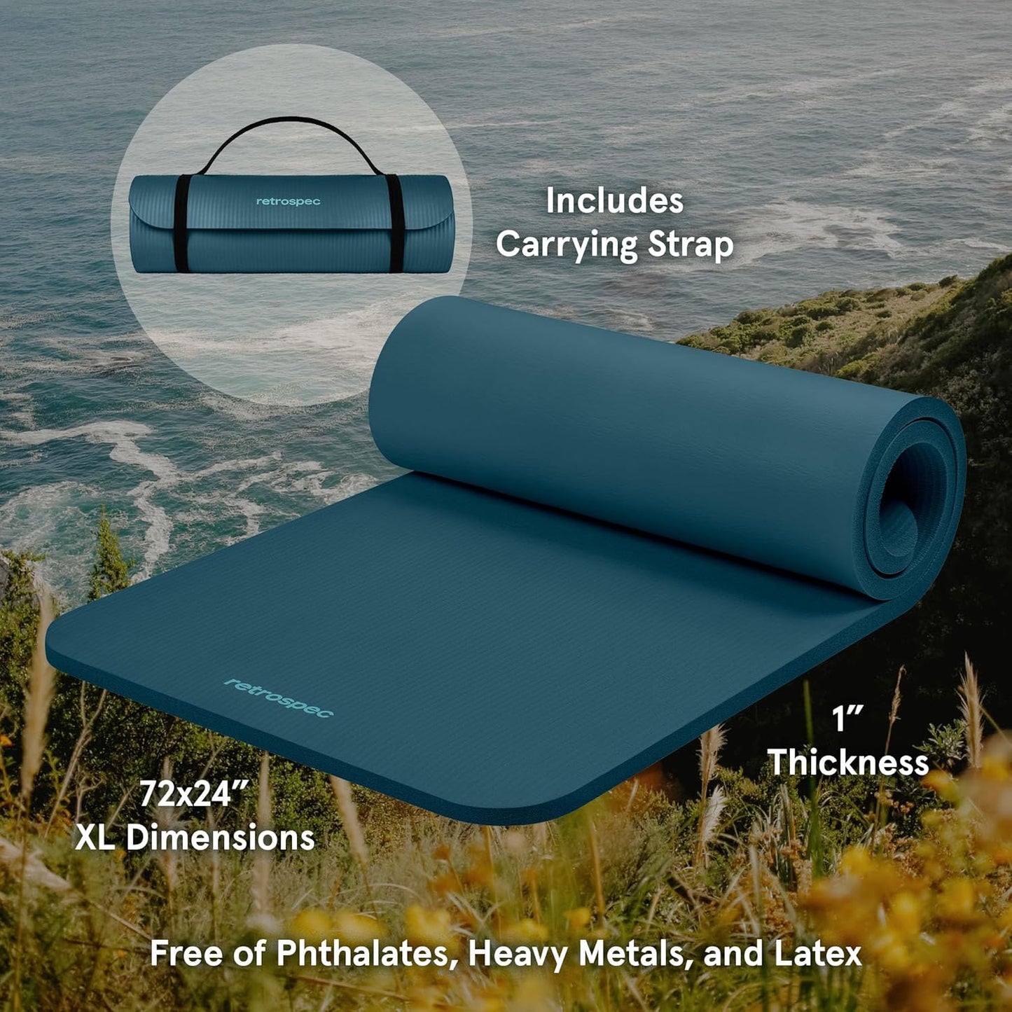 Retrospec Solana Yoga Mat 1" & 1/2" Thick w/Nylon Strap for Men & Women
