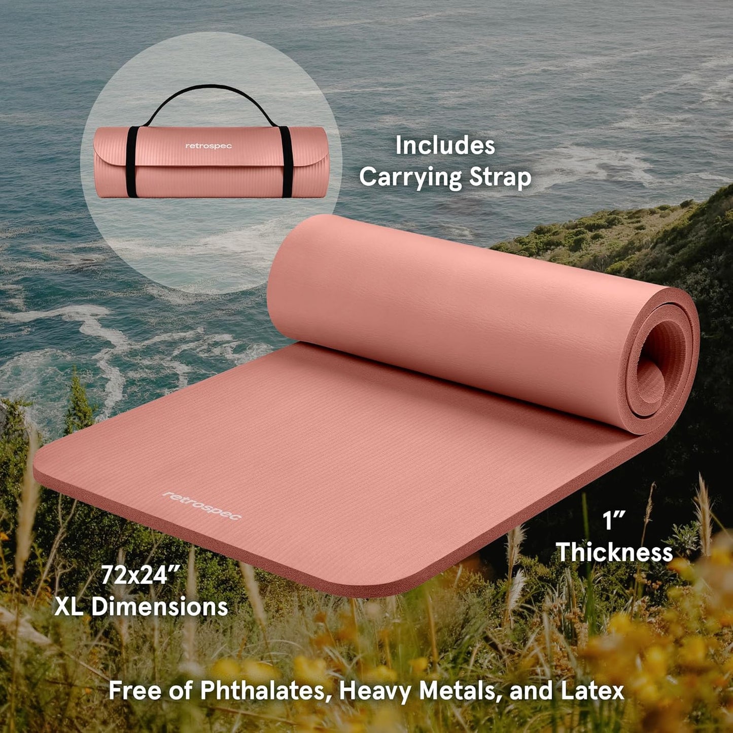 Retrospec Solana Yoga Mat 1" & 1/2" Thick w/Nylon Strap for Men & Women