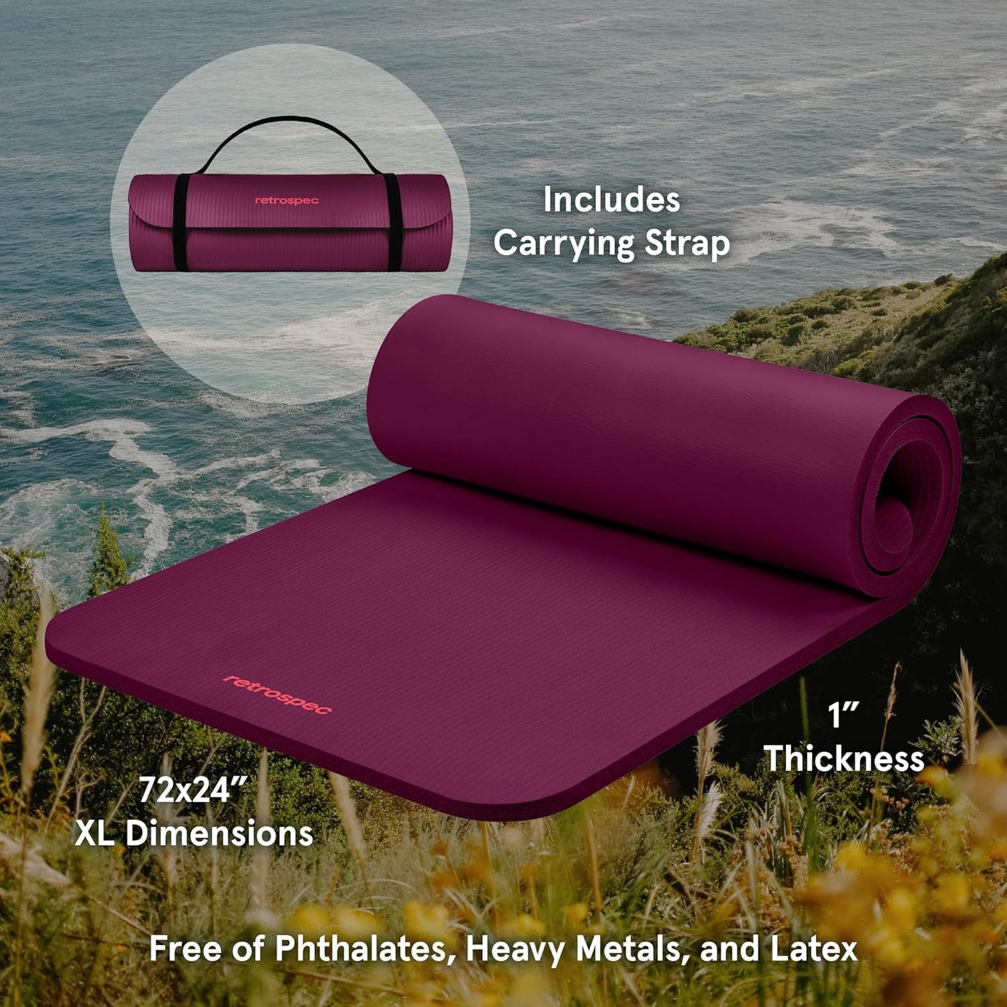 Retrospec Solana Yoga Mat 1" & 1/2" Thick w/Nylon Strap for Men & Women