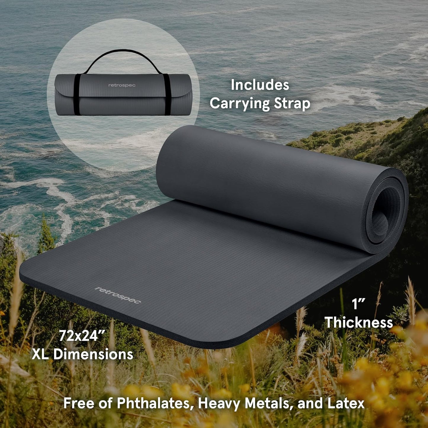 Retrospec Solana Yoga Mat 1" & 1/2" Thick w/Nylon Strap for Men & Women